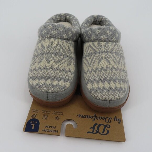 Dearfoams Large 9-10 Gray Sweater Knit Indoor Outdoor Memory Foam Slippers NEW - Picture 2 of 12